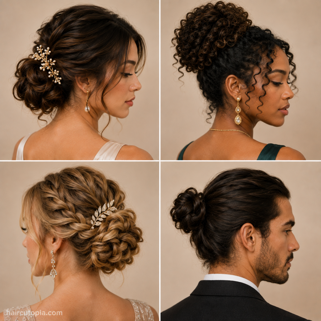 Updo hairstyles for special events featuring chignons, curly updos, braids, and formal buns