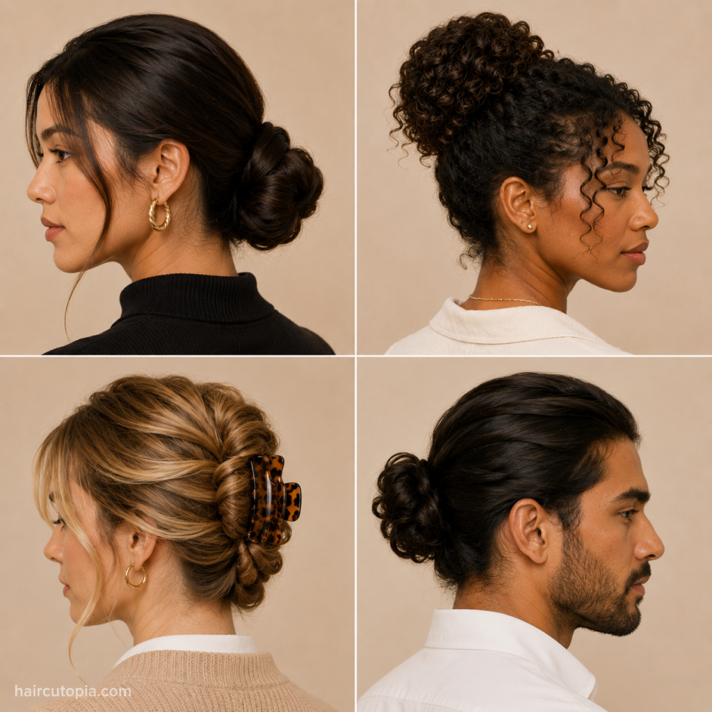Updo hairstyles for work featuring a sleek low bun, curly updo, claw clip style, and man bun