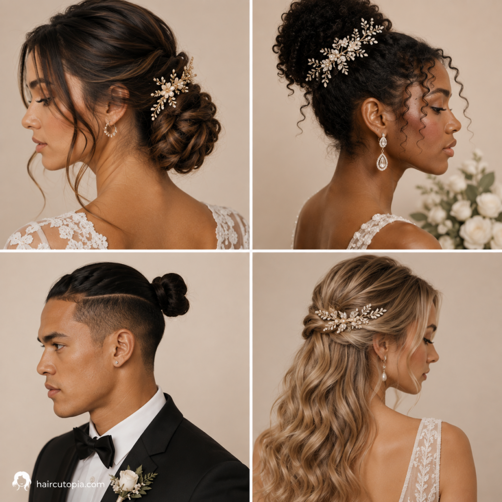 Wedding hairstyle ideas featuring elegant updos, a curly bridal bun, half-up waves, and a formal man bun