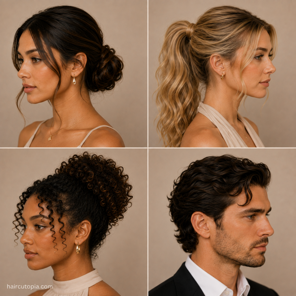 Wedding hairstyles for special events featuring a low bun, wavy ponytail, curly updo, and swept-back men’s hair