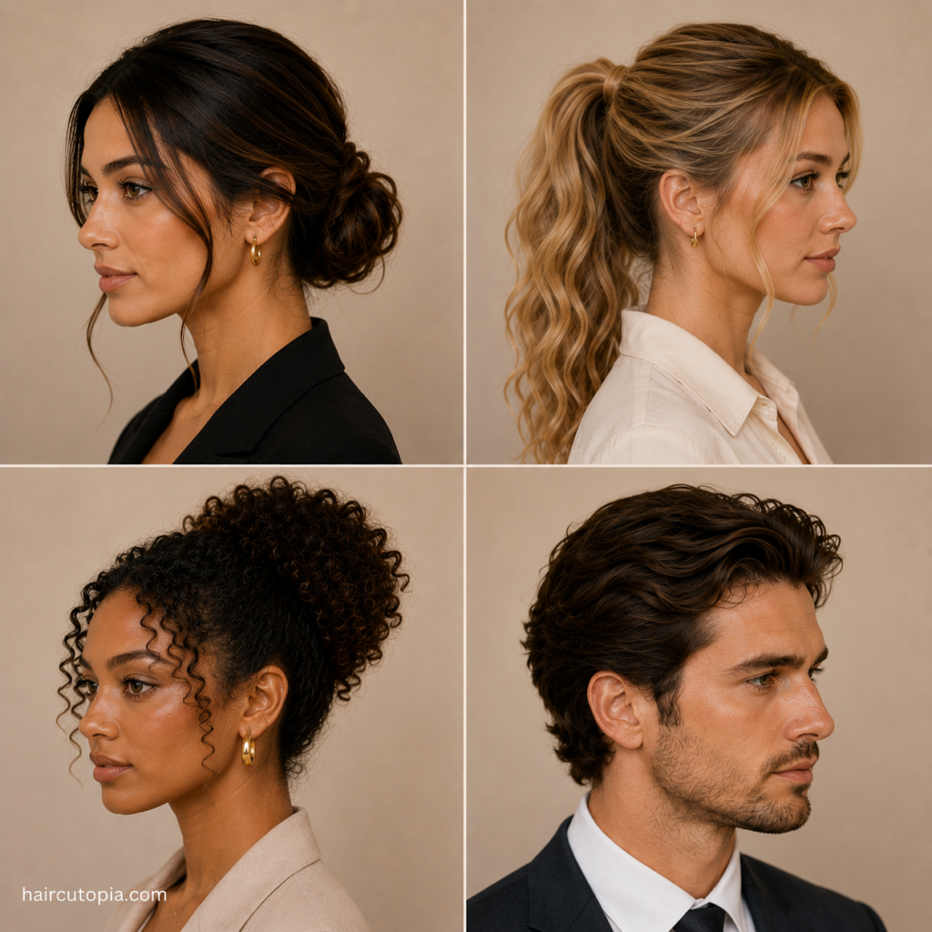 Wedding hairstyles for work featuring a low bun, wavy ponytail, curly updo, and swept-back men’s hairstyle