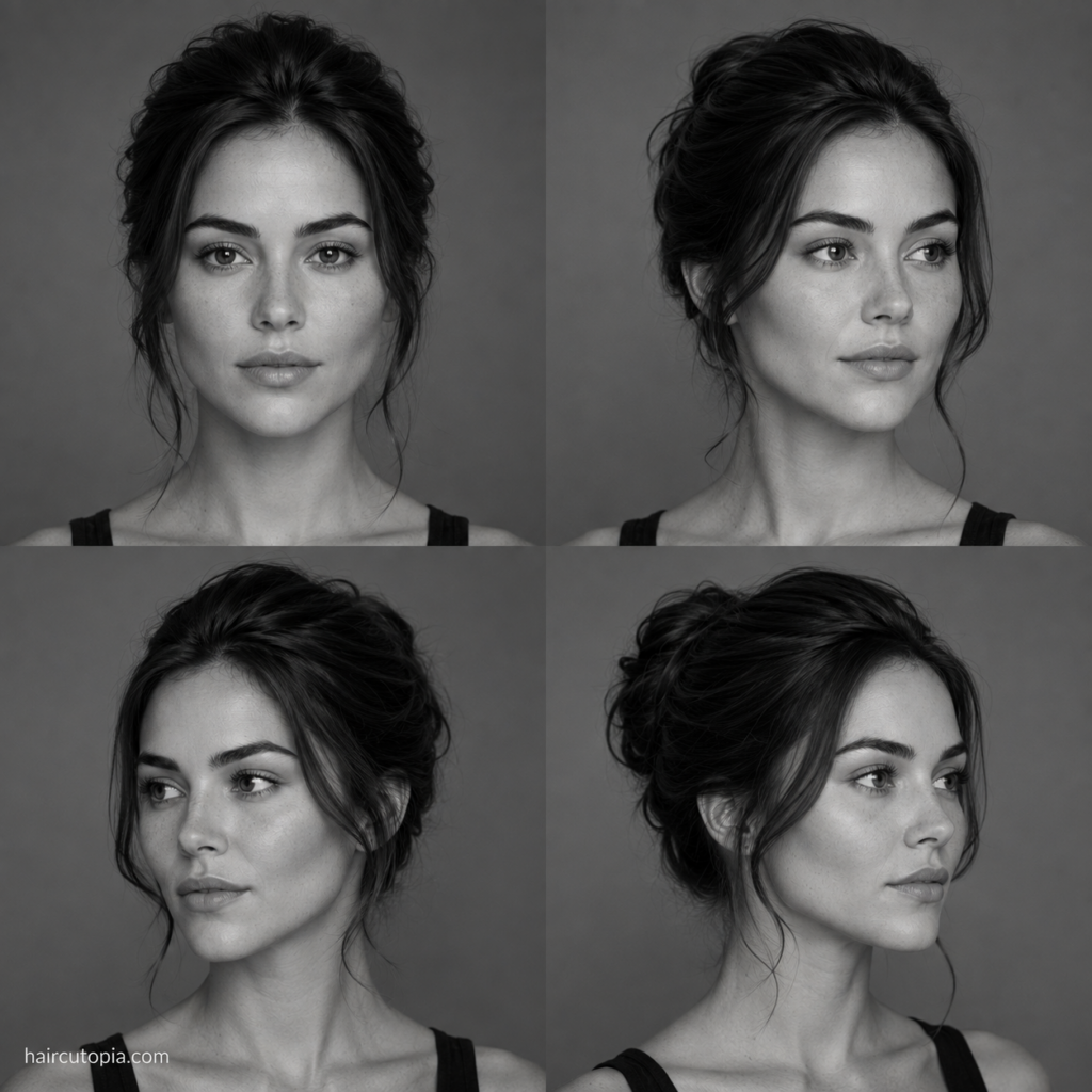 Four black-and-white portraits of a woman with a heart-shaped face shown from front and multiple three-quarter angles.