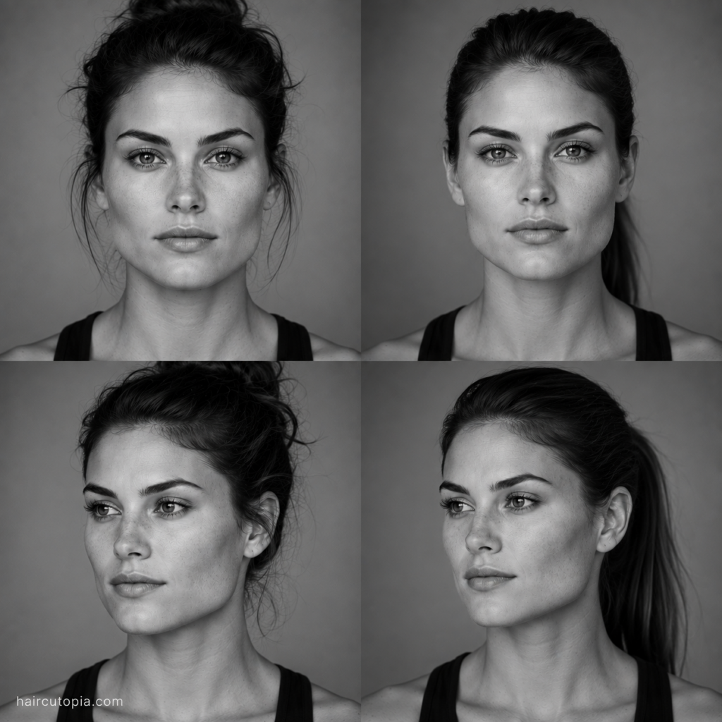 Four-panel black-and-white editorial collage of a woman with a square face shape shown from front and three-quarter views.
